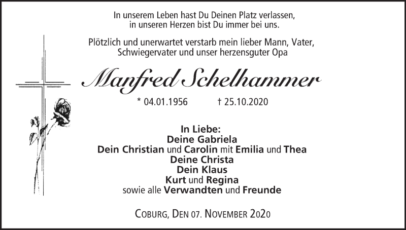  Traueranzeige für Manfred Schelhammer vom 07.11.2020 aus MGO