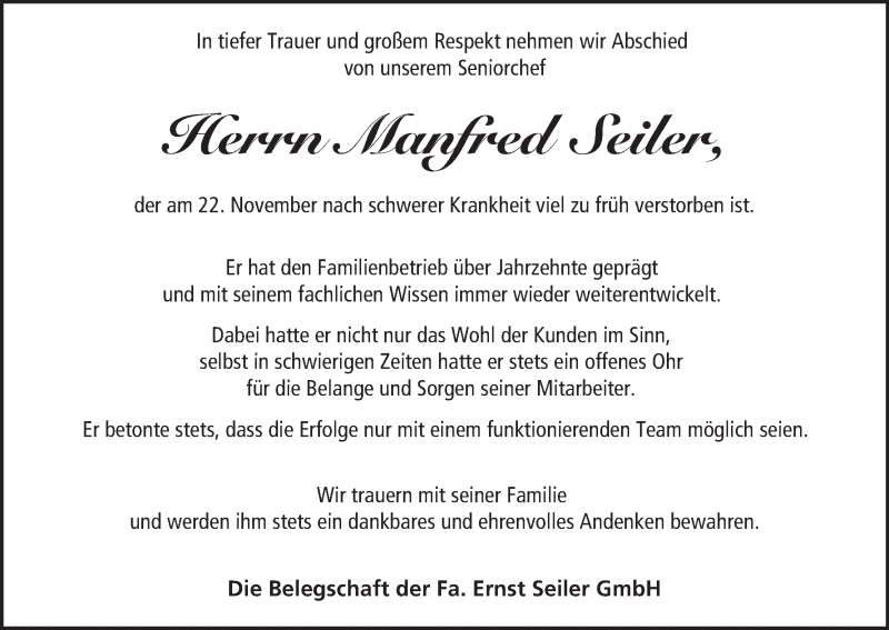  Traueranzeige für Manfred Seiler vom 28.11.2020 aus MGO