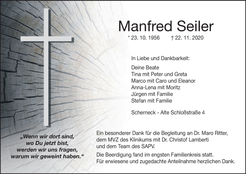  Traueranzeige für Manfred Seiler vom 28.11.2020 aus MGO