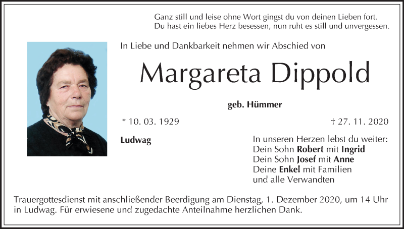  Traueranzeige für Margareta Dippold vom 28.11.2020 aus MGO