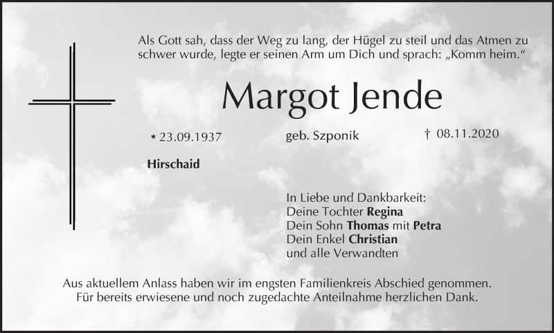  Traueranzeige für Margot Jende vom 21.11.2020 aus MGO