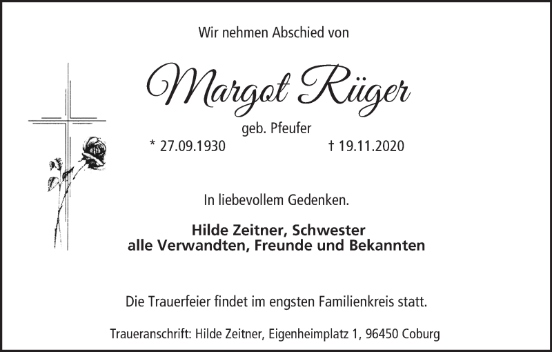  Traueranzeige für Margot Rüger vom 21.11.2020 aus MGO