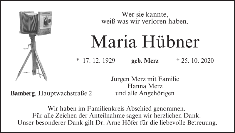  Traueranzeige für Maria Hübner vom 07.11.2020 aus MGO