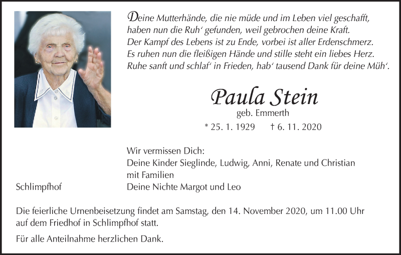  Traueranzeige für Paula Stein vom 11.11.2020 aus MGO