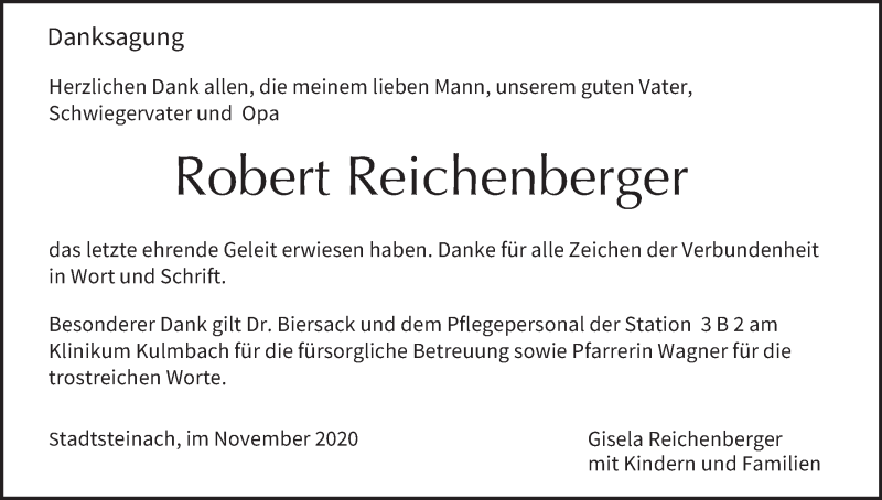  Traueranzeige für Robert Reichenberger vom 28.11.2020 aus MGO