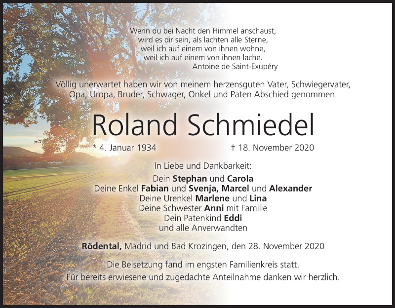  Traueranzeige für Roland Schmiedel vom 28.11.2020 aus MGO