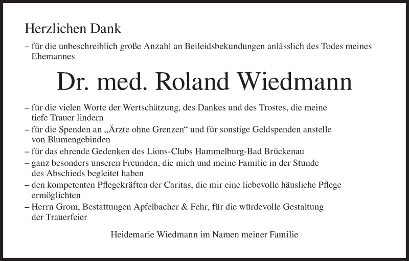  Traueranzeige für Roland Wiedmann vom 14.11.2020 aus MGO