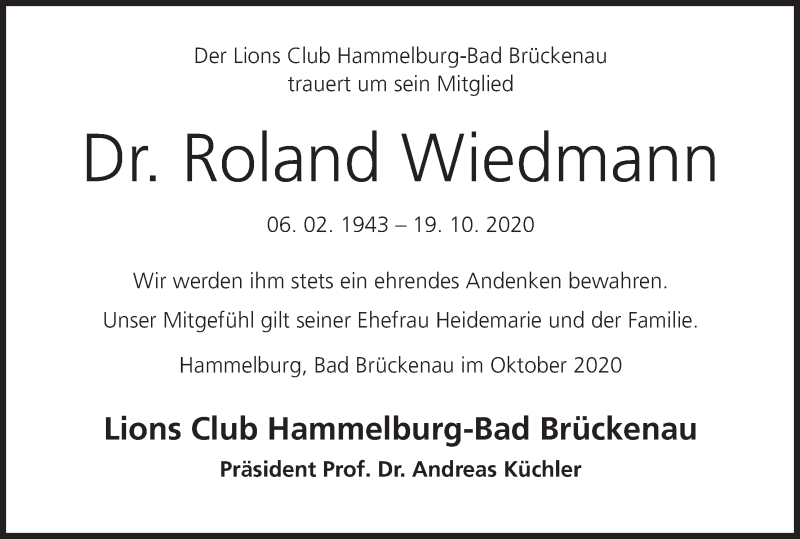  Traueranzeige für Roland Wiedmann vom 04.11.2020 aus MGO