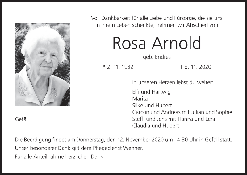  Traueranzeige für Rosa Arnold vom 10.11.2020 aus MGO