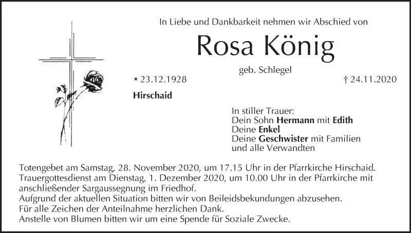  Traueranzeige für Rosa König vom 27.11.2020 aus MGO