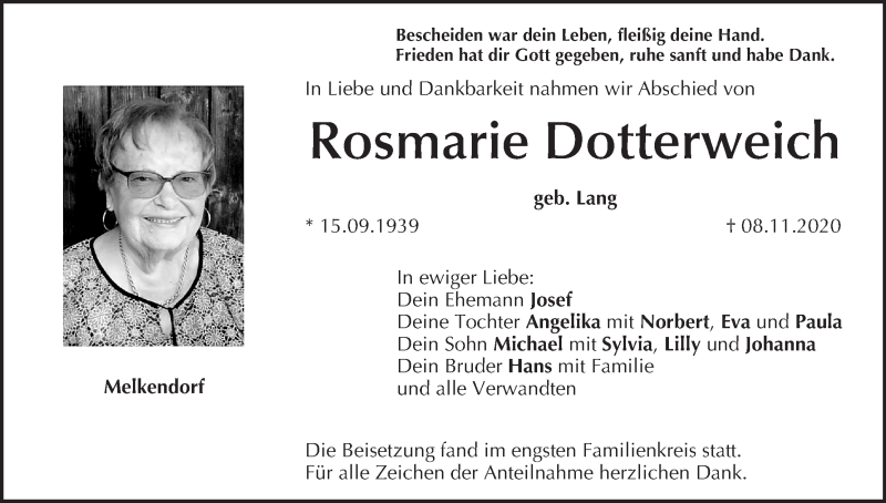  Traueranzeige für Rosmarie Dotterweich vom 14.11.2020 aus MGO