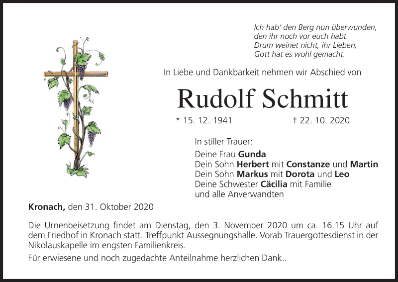  Traueranzeige für Rudolf Schmitt vom 31.10.2020 aus MGO