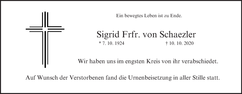  Traueranzeige für Sigrid  von Schaezler vom 07.11.2020 aus MGO