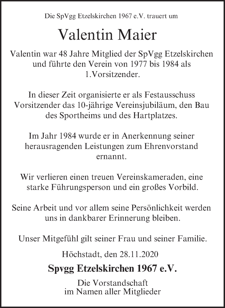  Traueranzeige für Valentin Maier vom 28.11.2020 aus MGO