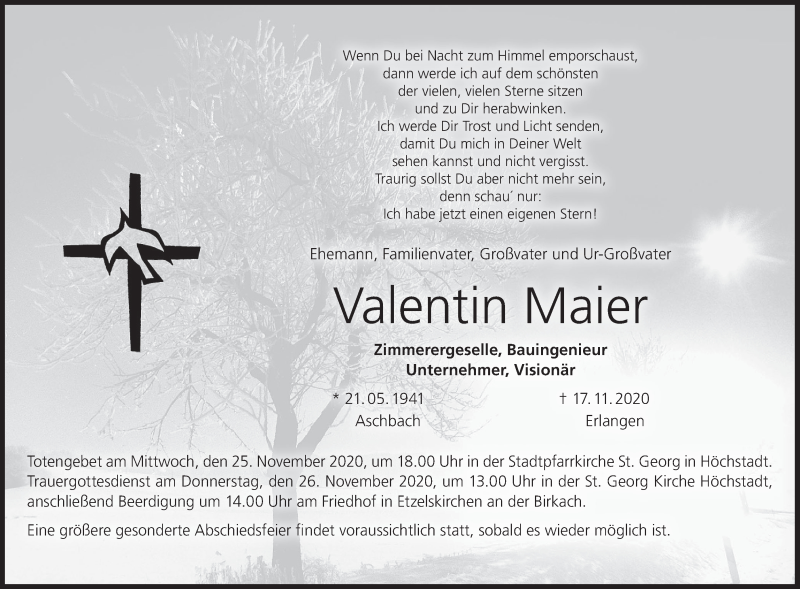  Traueranzeige für Valentin Maier vom 24.11.2020 aus MGO