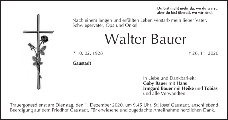  Traueranzeige für Walter Bauer vom 28.11.2020 aus MGO