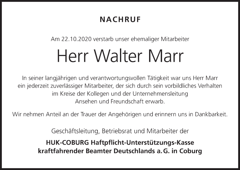  Traueranzeige für Walter Marr vom 04.11.2020 aus MGO
