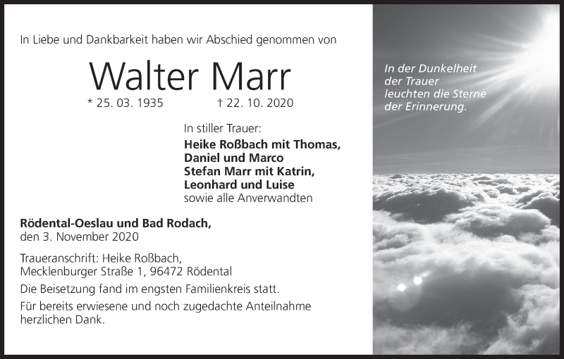  Traueranzeige für Walter Marr vom 03.11.2020 aus MGO