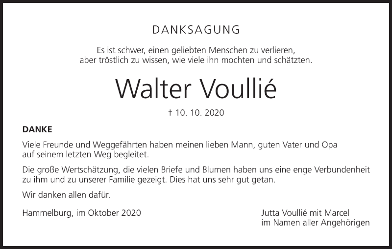  Traueranzeige für Walter Voullie vom 07.11.2020 aus MGO