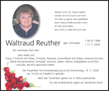 Anzeige von Waltraud Reuther von MGO