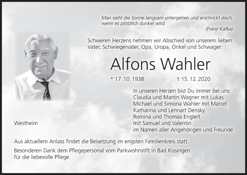  Traueranzeige für Alfons Wahler vom 19.12.2020 aus MGO