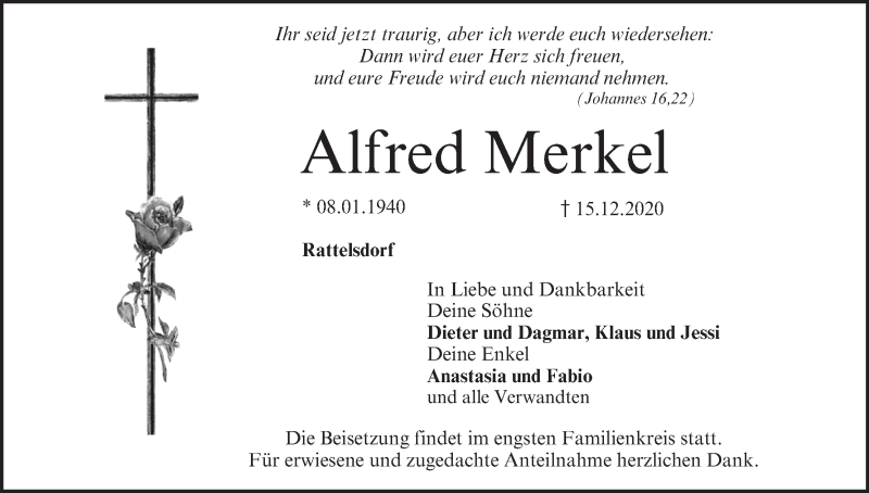  Traueranzeige für Alfred Merkel vom 19.12.2020 aus MGO