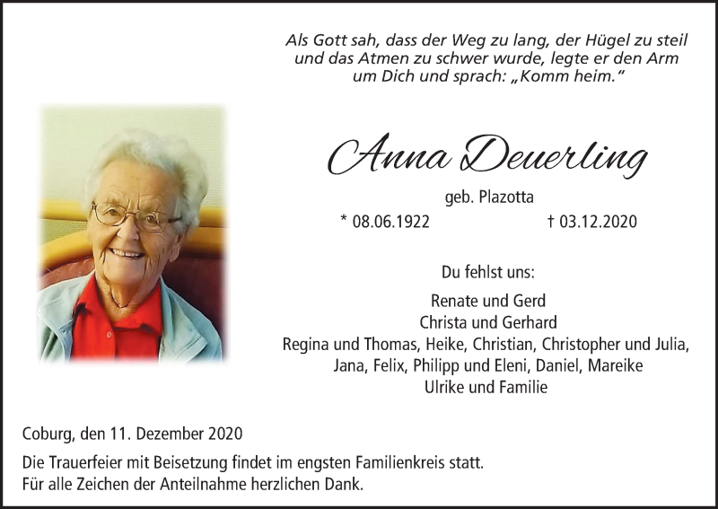  Traueranzeige für Anna Deuerling vom 11.12.2020 aus MGO
