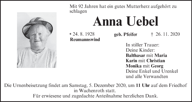  Traueranzeige für Anna Uebel vom 02.12.2020 aus MGO