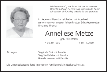 Anzeige von Anneliese Metze von MGO