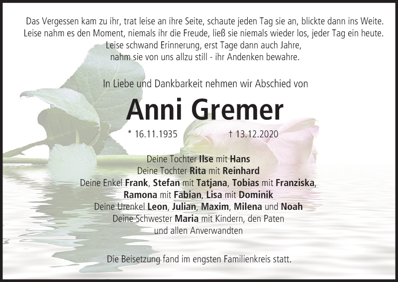  Traueranzeige für Anni Gremer vom 19.12.2020 aus MGO