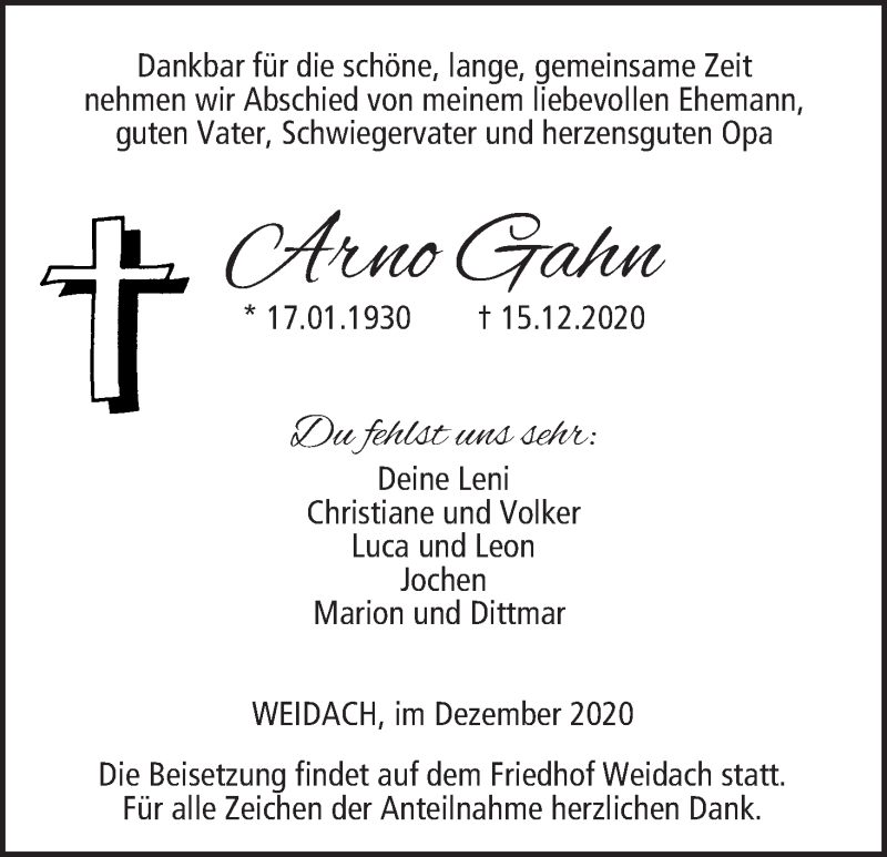 Traueranzeige für Arno Gahn vom 24.12.2020 aus MGO