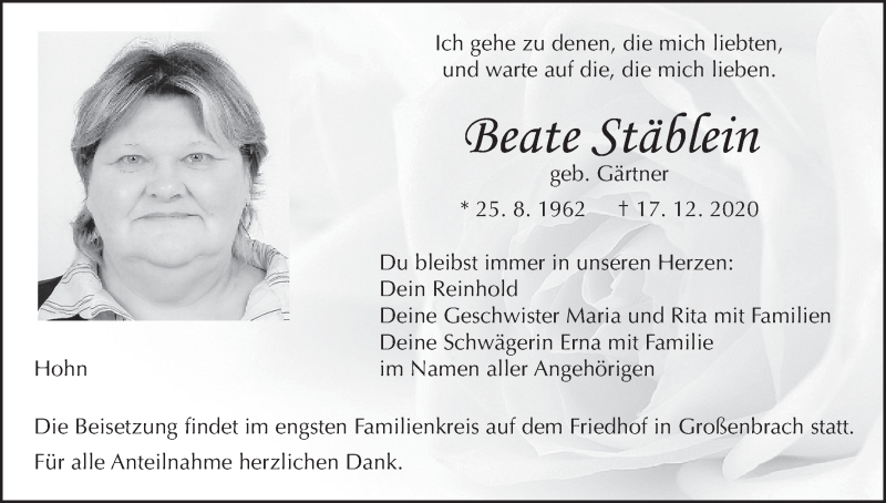  Traueranzeige für Beate Stäblein vom 24.12.2020 aus MGO