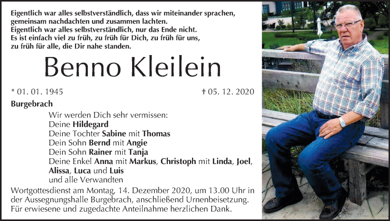  Traueranzeige für Benno Kleilein vom 11.12.2020 aus MGO