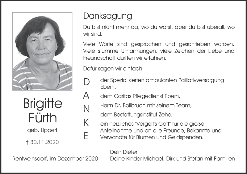  Traueranzeige für Brigitte Fürth vom 12.12.2020 aus MGO