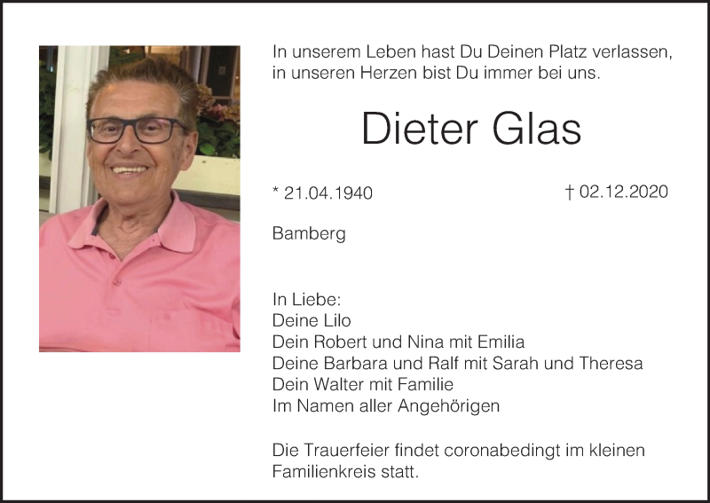  Traueranzeige für Dieter Glas vom 12.12.2020 aus MGO