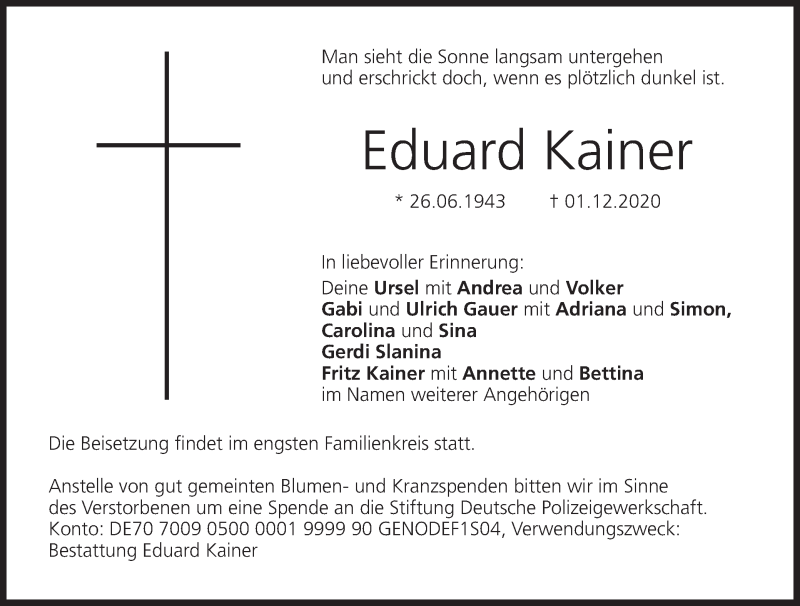 Traueranzeige für Eduard Kainer vom 05.12.2020 aus MGO