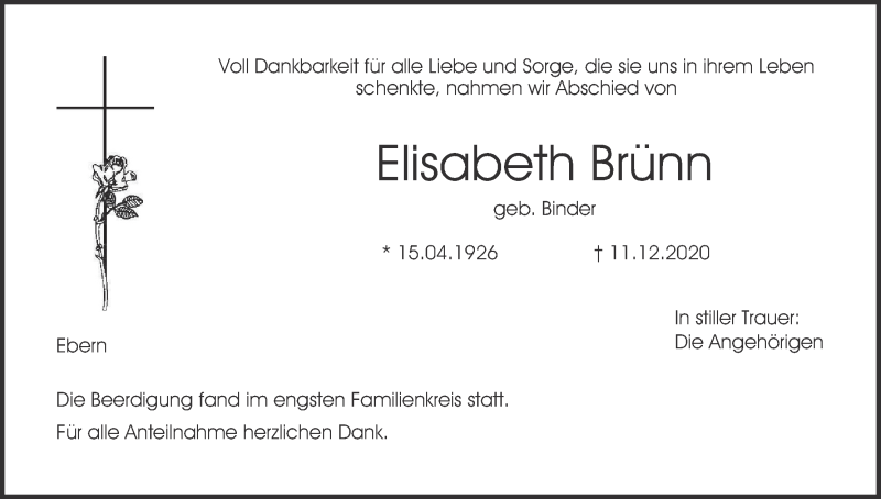  Traueranzeige für Elisabeth Brünn vom 19.12.2020 aus MGO