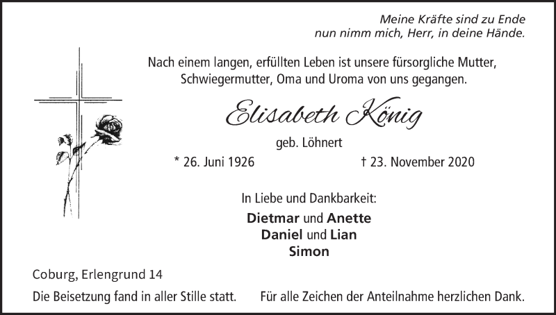  Traueranzeige für Elisabeth König vom 05.12.2020 aus MGO