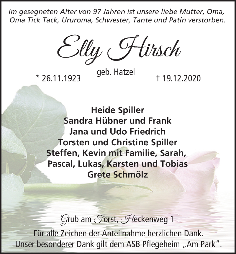  Traueranzeige für Elly Hirsch vom 24.12.2020 aus MGO