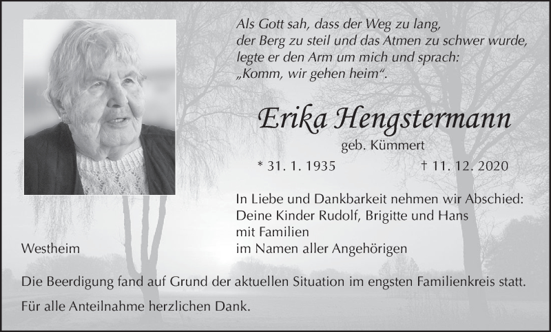  Traueranzeige für Erika Hengstermann vom 19.12.2020 aus MGO