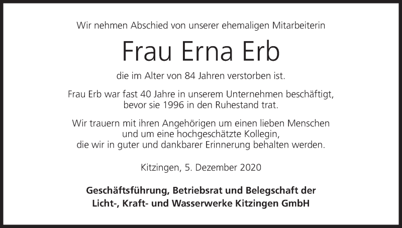  Traueranzeige für Erna Erb vom 10.12.2020 aus MGO