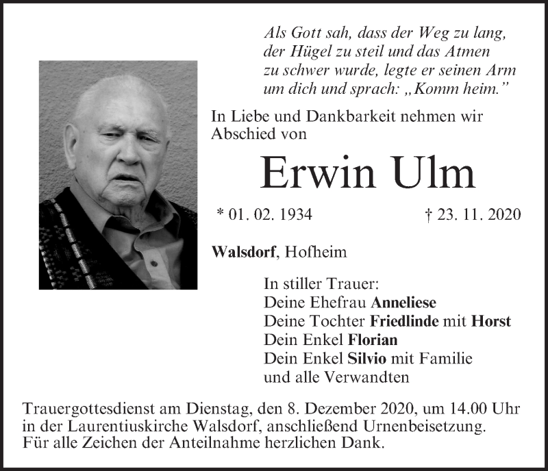  Traueranzeige für Erwin Ulm vom 05.12.2020 aus MGO