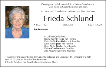 Anzeige von Frieda Schlund von MGO