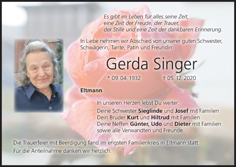  Traueranzeige für Gerda Singer vom 12.12.2020 aus MGO