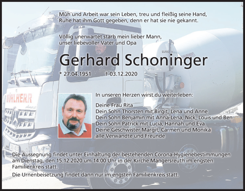  Traueranzeige für Gerhard Schoninger vom 12.12.2020 aus MGO