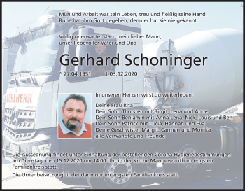Anzeige von Gerhard Schoninger von MGO