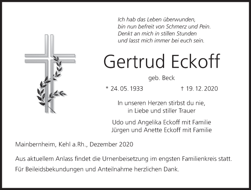  Traueranzeige für Gertrud Eckoff vom 22.12.2020 aus MGO