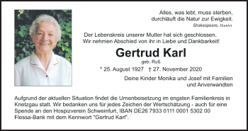Anzeige von Gertrud Karl von MGO