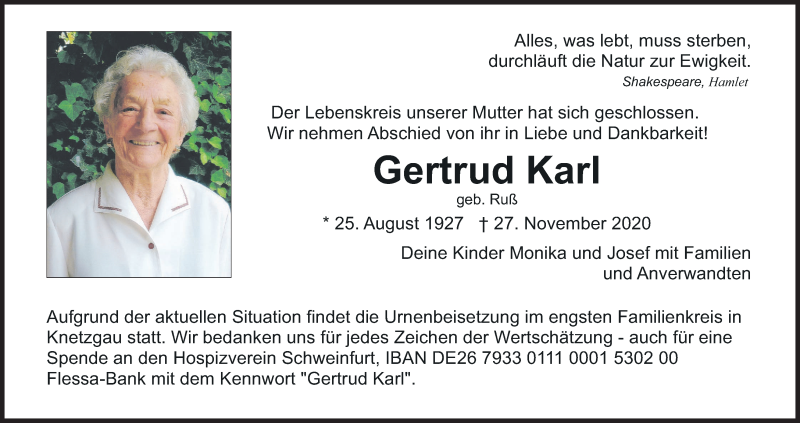  Traueranzeige für Gertrud Karl vom 02.12.2020 aus MGO