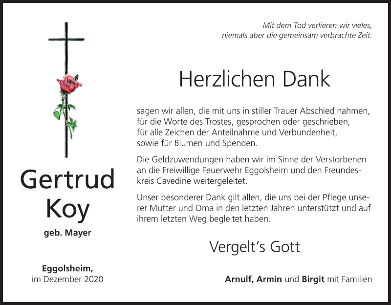  Traueranzeige für Gertrud Koy vom 19.12.2020 aus MGO
